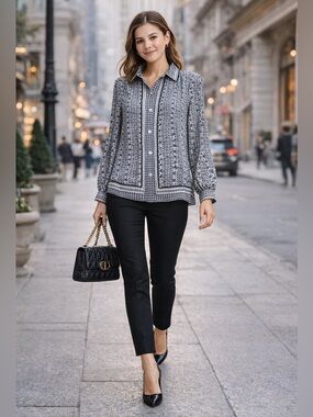 Max Studio Blue White Floral Blouse Size M Boho Peasant Long Sleeve Lightweight